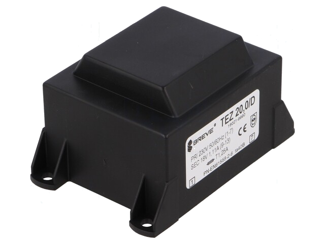 Transformator: ingegoten; 20VA; 230VAC; 18V; 1111,1mA; PCB; IP00 Transformator: ingegoten; 20VA; 230VAC; 18V; 1111,1mA; PCB; IP00